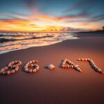 Flick International Close-up of seashells arranged to spell '86' and '47' on a sandy beach at dusk