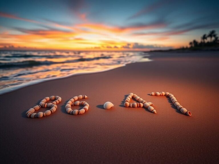 Flick International Close-up of seashells arranged to spell '86' and '47' on a sandy beach at dusk