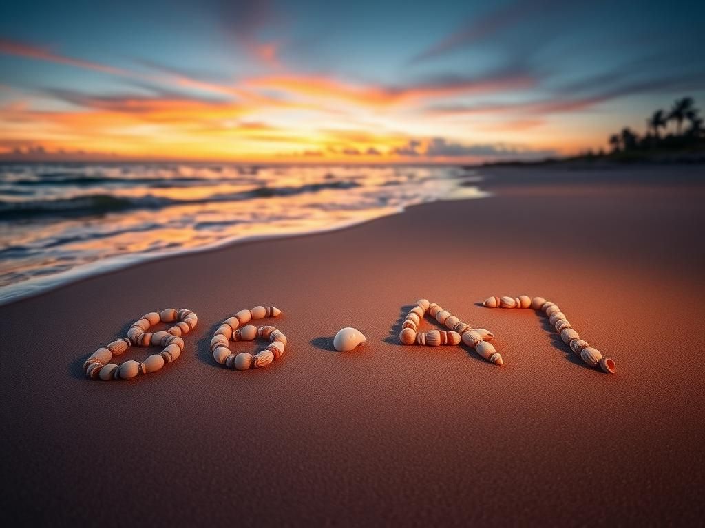 Flick International Close-up of seashells arranged to spell '86' and '47' on a sandy beach at dusk