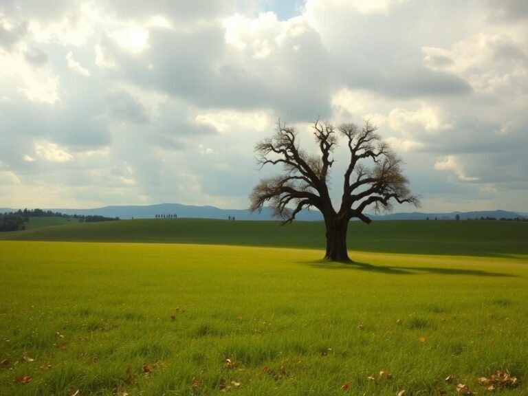 Flick International A solitary oak tree in a serene meadow under a cloudy sky, symbolizing grief and resilience
