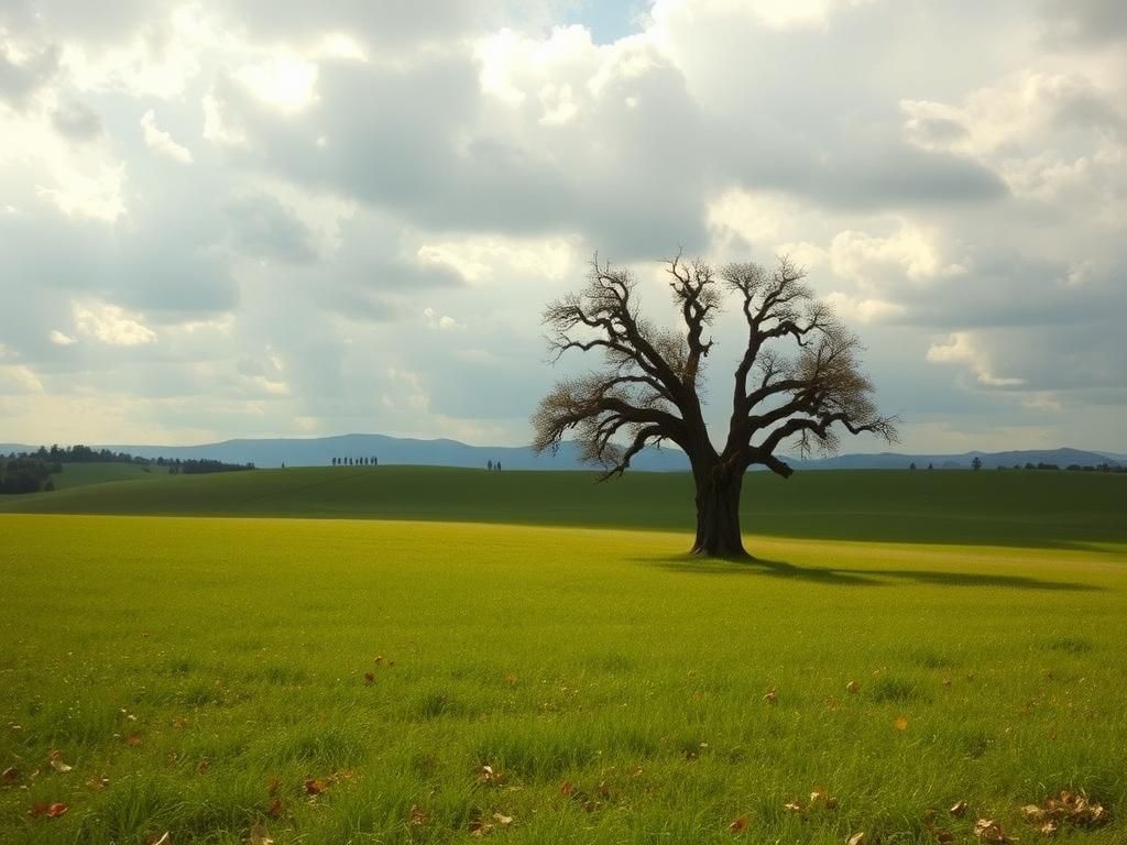 Flick International A solitary oak tree in a serene meadow under a cloudy sky, symbolizing grief and resilience