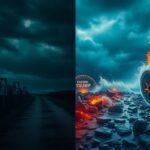 Flick International A split-scene image contrasting the Democratic and Republican pathways in a stormy atmosphere.