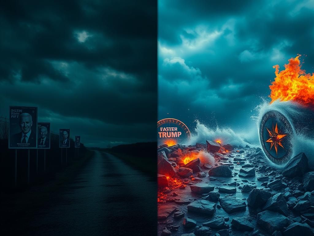 Flick International A split-scene image contrasting the Democratic and Republican pathways in a stormy atmosphere.
