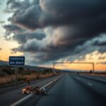 Flick International Empty California freeway at dusk with a roadside memorial for loss and remembrance