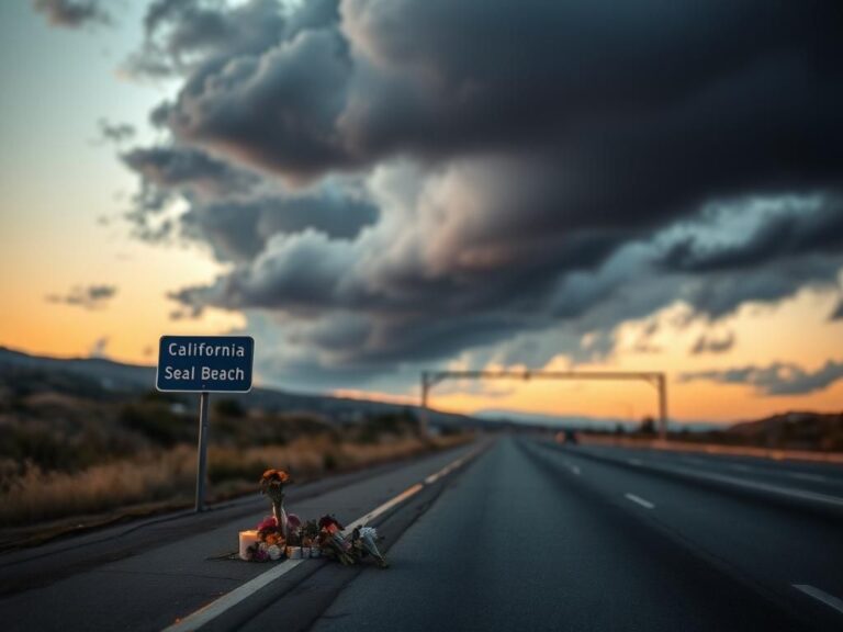 Flick International Empty California freeway at dusk with a roadside memorial for loss and remembrance