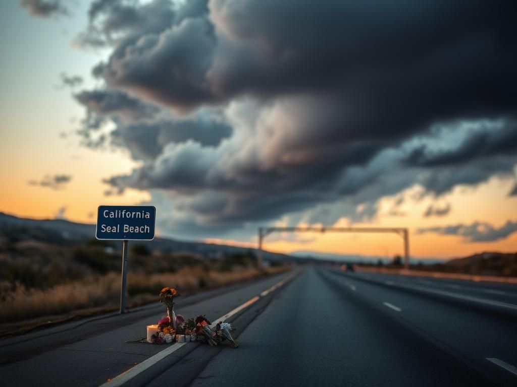 Flick International Empty California freeway at dusk with a roadside memorial for loss and remembrance