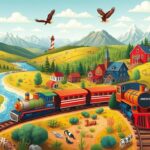 Flick International Vibrant landscape depicting iconic American symbols and landscapes, showcasing a cross-country journey.
