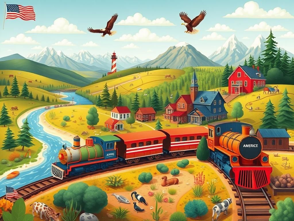 Flick International Vibrant landscape depicting iconic American symbols and landscapes, showcasing a cross-country journey.