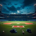 Flick International A dramatic view of an empty Yankee Stadium under twilight, highlighting the iconic colors symbolizing the Yankees and Mets rivalry.