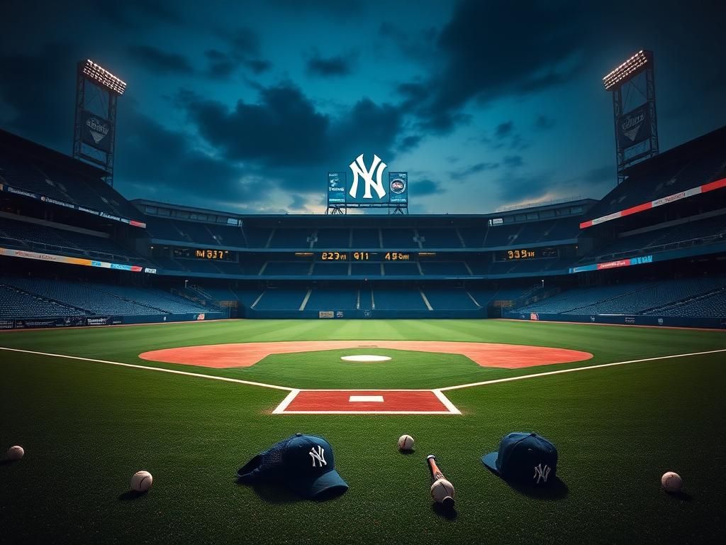 Flick International A dramatic view of an empty Yankee Stadium under twilight, highlighting the iconic colors symbolizing the Yankees and Mets rivalry.