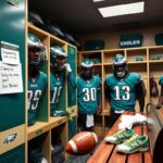 Flick International Philadelphia Eagles locker room scene filled with jerseys and equipment