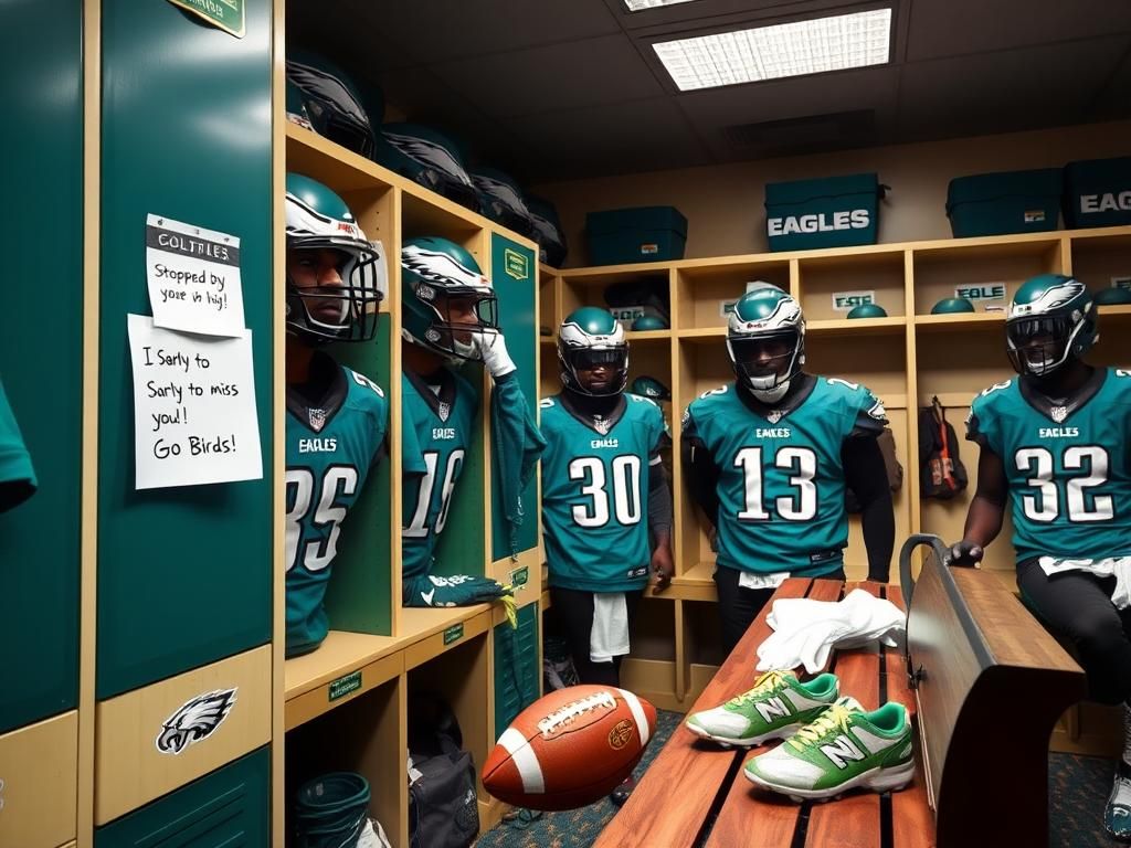 Flick International Philadelphia Eagles locker room scene filled with jerseys and equipment