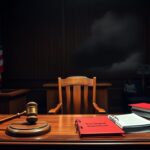 Flick International A solemn courtroom with an empty witness stand symbolizing the absence of a victim