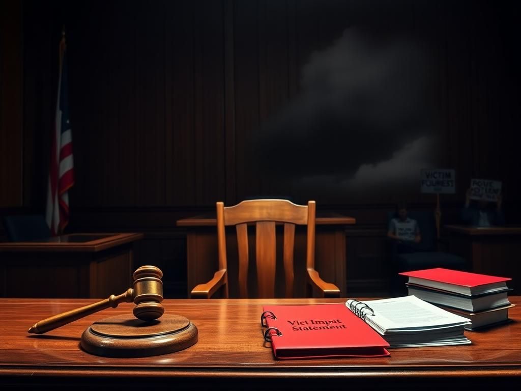 Flick International A solemn courtroom with an empty witness stand symbolizing the absence of a victim
