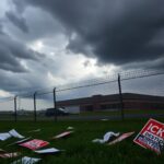 Flick International Overcast sky with dark clouds over Newark ICE detention center, symbolizing unrest and tension