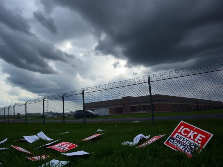 Flick International Overcast sky with dark clouds over Newark ICE detention center, symbolizing unrest and tension