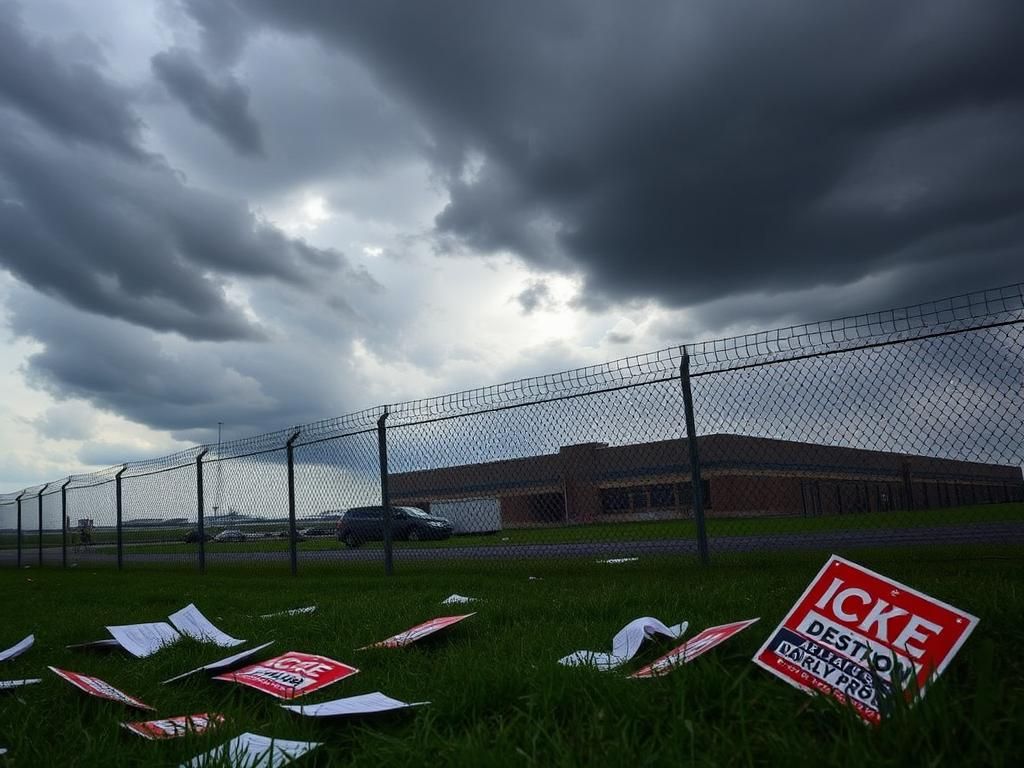 Flick International Overcast sky with dark clouds over Newark ICE detention center, symbolizing unrest and tension
