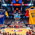 Flick International Dynamic sports arena scene with WNBA colors of Indiana Fever and Chicago Sky