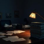 Flick International An empty, dimly lit office space conveying confusion and lost memories, featuring a cluttered desk with scattered classified documents.