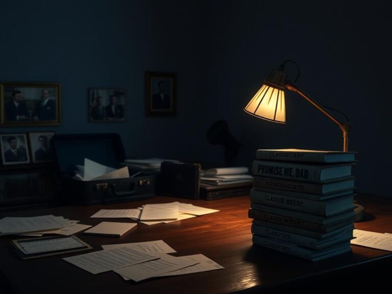 Flick International An empty, dimly lit office space conveying confusion and lost memories, featuring a cluttered desk with scattered classified documents.