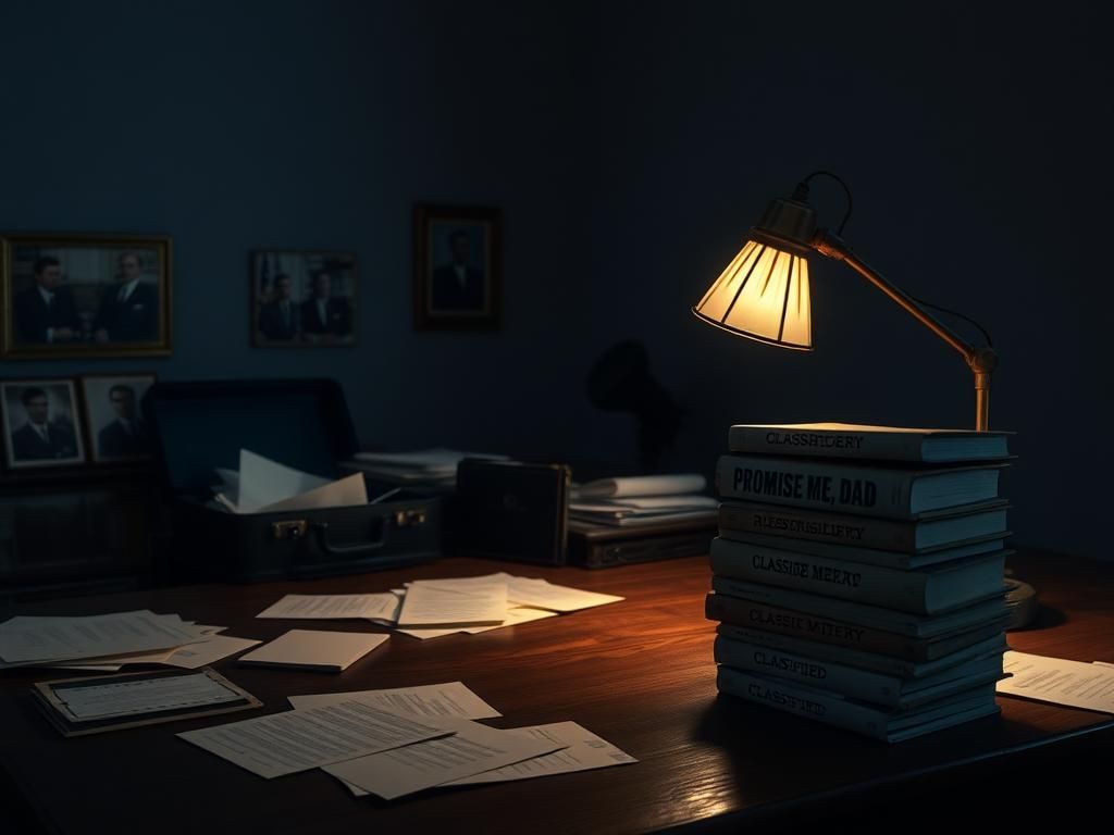 Flick International An empty, dimly lit office space conveying confusion and lost memories, featuring a cluttered desk with scattered classified documents.