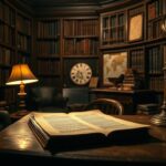 Flick International Dimly lit library showcasing a classified Afghanistan document on an oak desk
