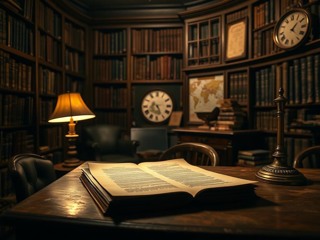 Flick International Dimly lit library showcasing a classified Afghanistan document on an oak desk