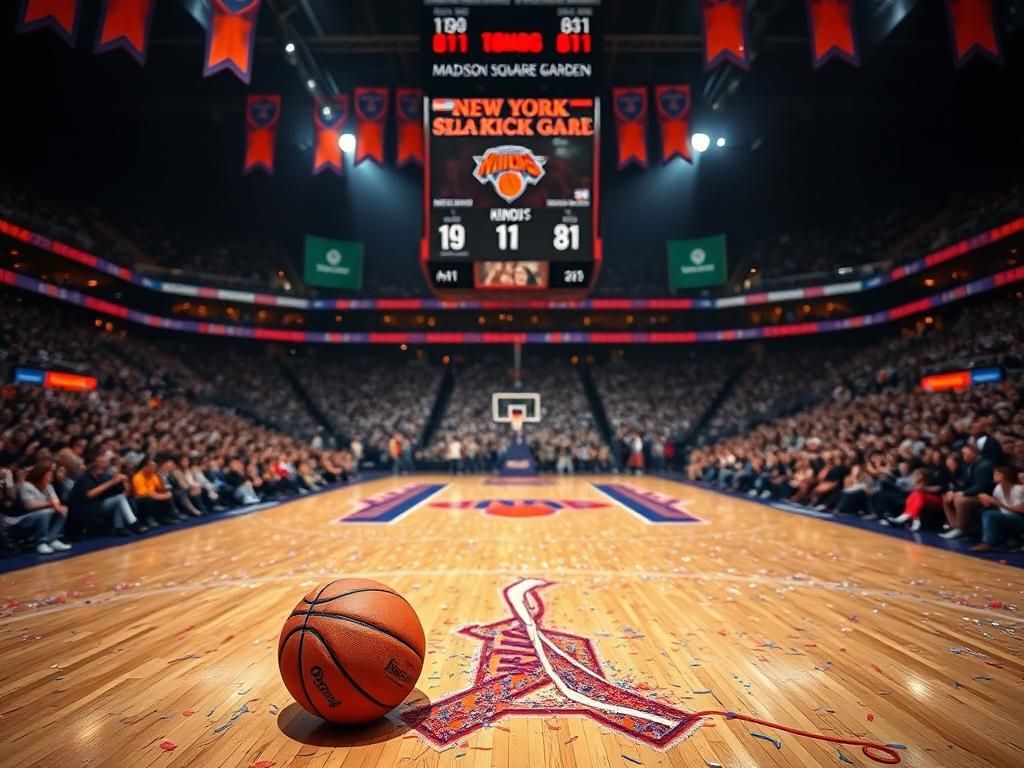 Flick International Vibrant basketball court scene at Madison Square Garden showcasing Knicks' victory