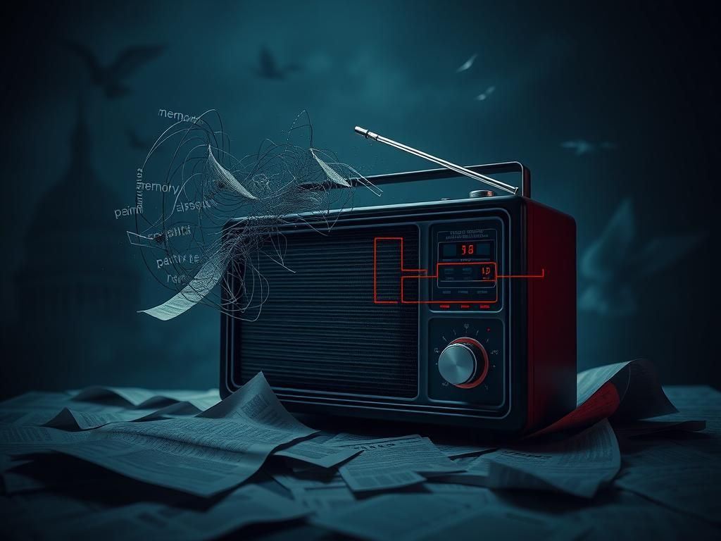 Flick International A vintage radio broadcasting distorted sound waves, illustrating tensions in political discourse.