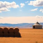 Flick International Serene landscape of Mongolia showcasing rolling hills, a traditional ger, and colorful flags.