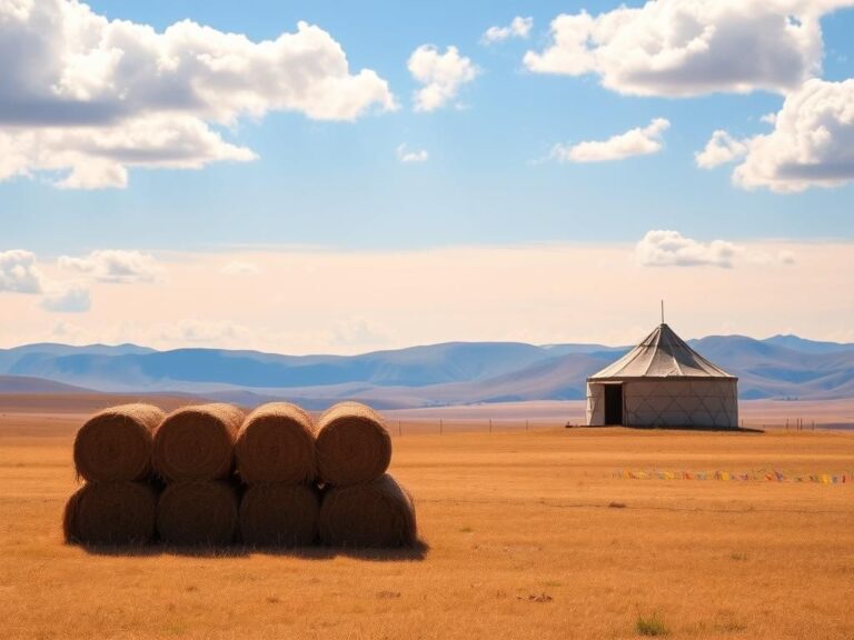 Flick International Serene landscape of Mongolia showcasing rolling hills, a traditional ger, and colorful flags.