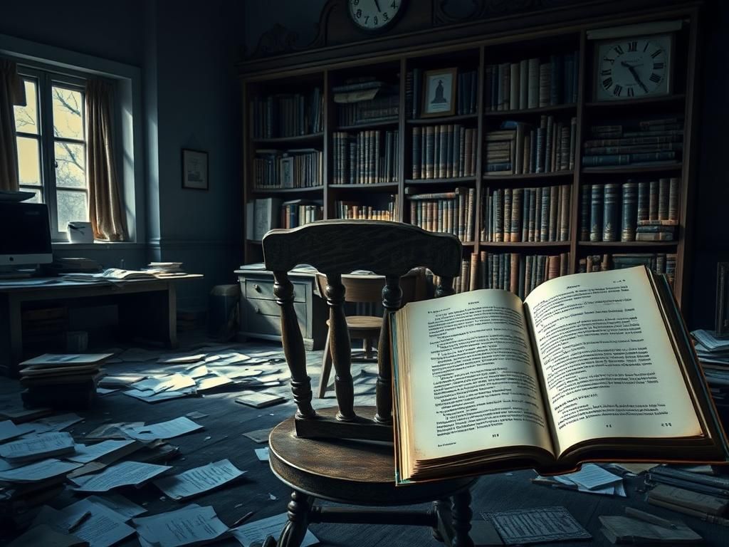 Flick International A dimly lit room with an empty chair and a large bookshelf indicating confusion and introspection