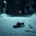 Flick International somber winter scene in Canton, Massachusetts with abandoned shoes in snow