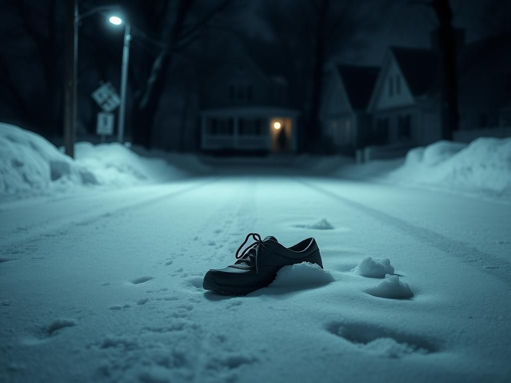 Flick International somber winter scene in Canton, Massachusetts with abandoned shoes in snow