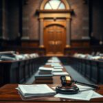 Flick International Empty courtroom bench with legal books and scattered documents symbolizing the tension of the Alex Murdaugh trial