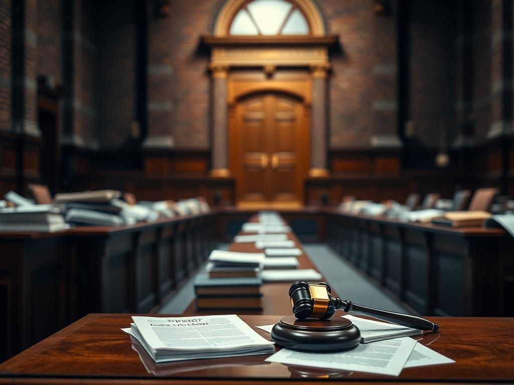 Flick International Empty courtroom bench with legal books and scattered documents symbolizing the tension of the Alex Murdaugh trial