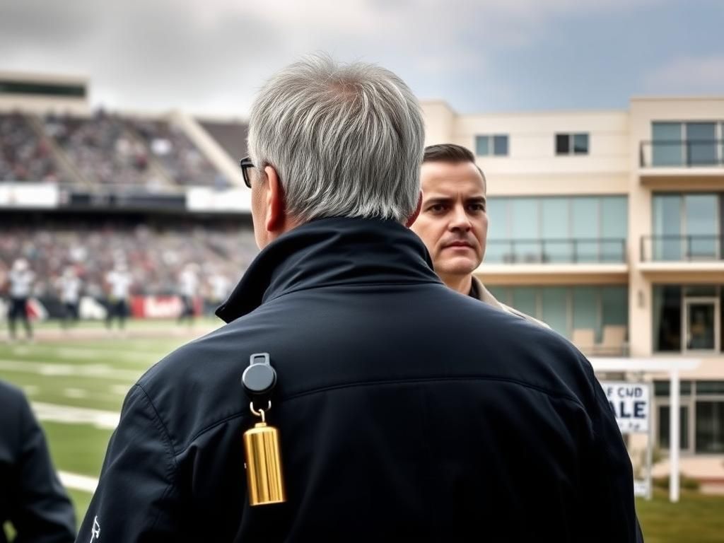 Flick International Split image contrasting a tense football sideline with a classic coach's setting and a vibrant urban landscape showcasing real estate success.