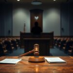 Flick International A dimly lit courtroom scene with a wooden judge's bench and gavel