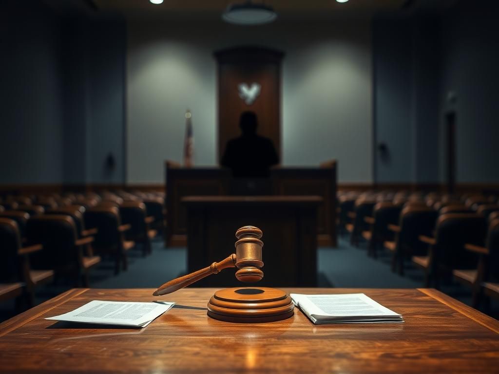 Flick International A dimly lit courtroom scene with a wooden judge's bench and gavel