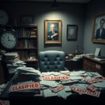 Flick International Dimly lit office space with scattered classified documents and vintage clock