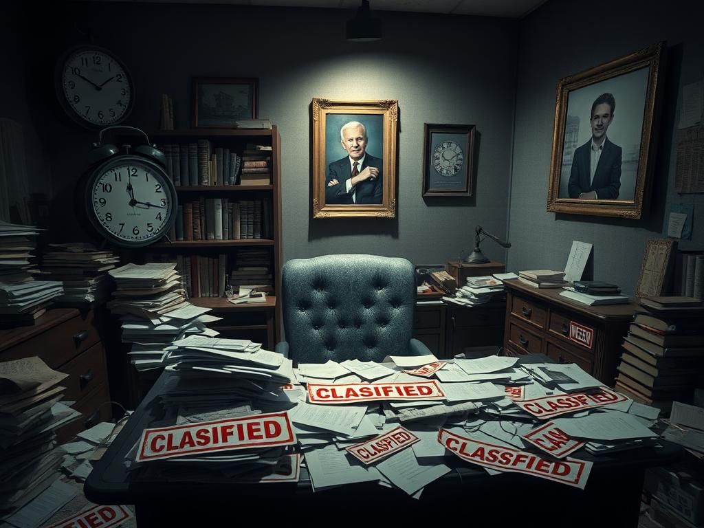 Flick International Dimly lit office space with scattered classified documents and vintage clock