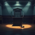 Flick International Stark courtroom interior with an empty witness stand illuminated by soft overhead lights