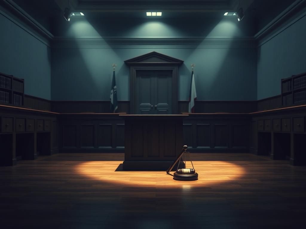 Flick International Stark courtroom interior with an empty witness stand illuminated by soft overhead lights