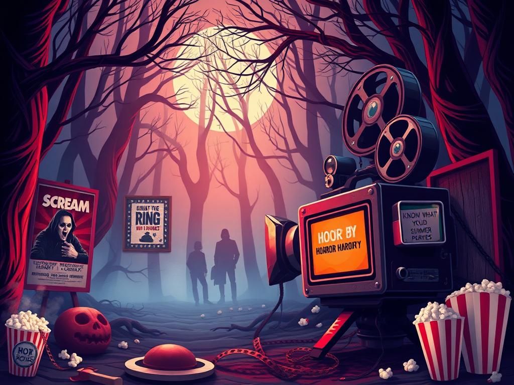 Flick International illustration of a haunted film set with an old camera and vintage horror movie posters