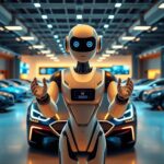 Flick International Advanced AI humanoid robot Mornine in a car dealership showcasing modern vehicles and technology