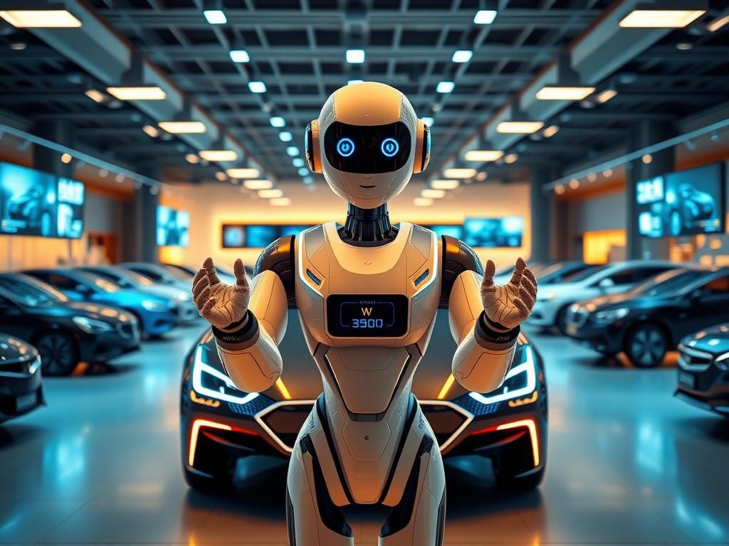 Flick International Advanced AI humanoid robot Mornine in a car dealership showcasing modern vehicles and technology