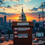 Flick International Stylized cityscape depicting the intersection of journalism and politics, featuring the Capitol Building and media studio elements.