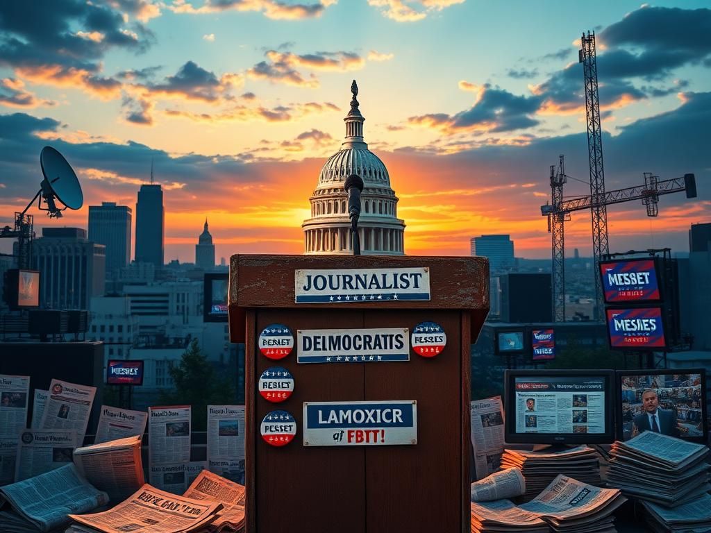 Flick International Stylized cityscape depicting the intersection of journalism and politics, featuring the Capitol Building and media studio elements.