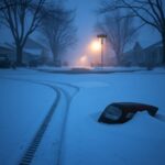 Flick International Snowy front lawn with tire tracks and damaged taillight at dawn