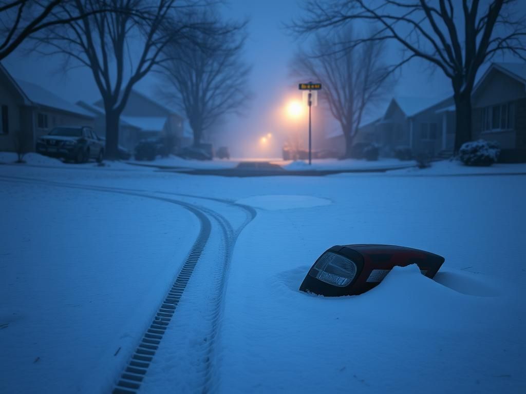 Flick International Snowy front lawn with tire tracks and damaged taillight at dawn